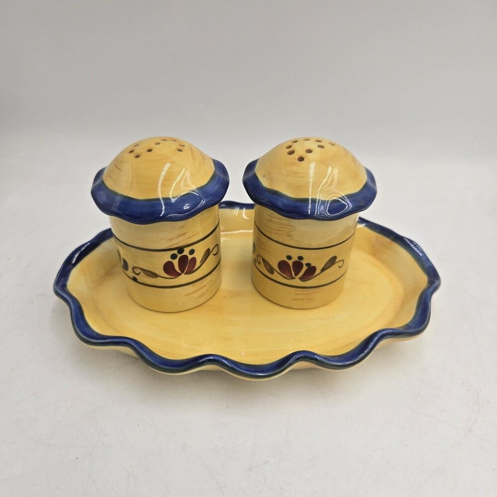Home And Garden Party Salt & Pepper Shakers w/ Under Plate Butter Dish Vintage